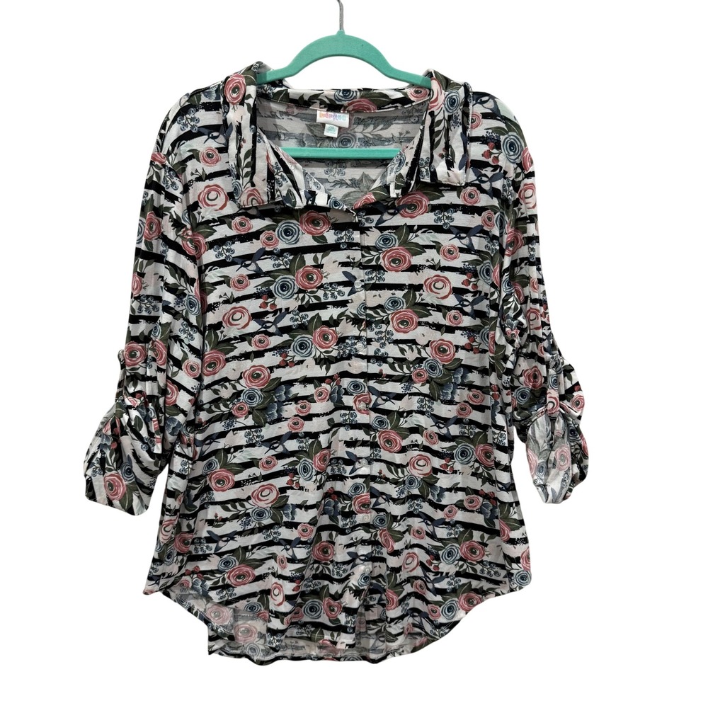 LuLaRoe Floral Striped Button Down Shirt 2XL Roll Tab Sleeve Black Pink White